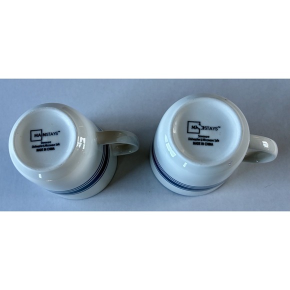 Mainstays Walmart Blue White Ringed Ceramic Coffee Mugs Lot of 2 Tea Cups - Picture 5 of 9